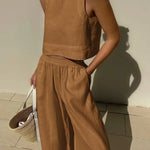 Solid Color Round-Neck Sleeveless Vest + Elasticity Wide Leg Pants Two Pieces Set