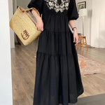 Bishop Sleeve Loose Embroidered Pleated V-Neck Midi Dresses
