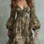 Vintage Floral Chiffon Long-Sleeve Tiered Midi Dress