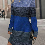 Long Sleeves Loose Contrast Color Printed Split-Joint Round-Neck Midi Dresses