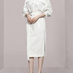 Long Sleeves Loose See-Through Split-Joint Split-Side Tied Waist V-Neck Midi Dresses Shirt Dress