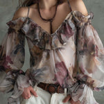 Boho Vintage Floral Off-Shoulder Chiffon Blouse