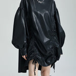 High-Low Long Sleeves Drawstring Pleated Solid Color Stand Collar Mini Dresses