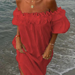 Linen Blend Off Shoulder Ruffle Puff Sleeve Pocketed Midi Dress