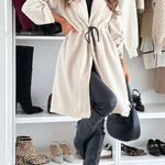Effortless and Warm Textured Fabric Drawstring Waist Pocket Hooded Midi Coat