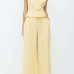 Velena Linen Blend Button Up Lapel Top and High Rise Pocket Wide Leg Pants Set
