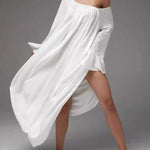 A-Line Flared Sleeves Pleated Solid Color Split-Joint Round-Neck Maxi Dresses