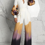 Long Sleeves Puff Sleeves Abstract Printed Contrast Color Split-Joint Stand Collar Blouses&Shirts Tops