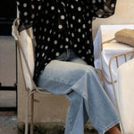 Polka Dot Print Tie-waist Lantern Sleeve Elegant Loose Shirt