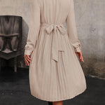 Long Sleeves Loose Pleated Solid Color Split-Joint Tied Waist Round-Neck Midi Dresses