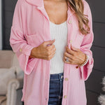 Solid Color Textured Roll Tab Sleeve Shirt Jacket