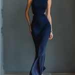 Women's Navy Ribbed Knit Fabric Sleeveless Maxi Dress