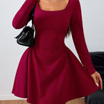 A-line High Waisted Pleated Solid Color Square-neck Mini Dresses
