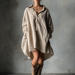 Women's Fashion Loose Cotton And Linen Button Lapel Mini Dress
