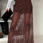Darling Details Sequin Embroidered Tulle High Rise Elastic Waist Maxi Skirt