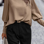 Brown Basic Leg-of-mutton Sleeve Round Neck Blouse