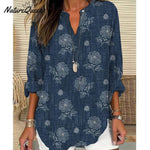 Distinctive Floral Print V-Neck Navy Top