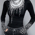 Long Sleeves Skinny Printed High-Neck T-Shirts Tops