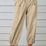 Loose casual button down cropped cotton linen trousers wide leg