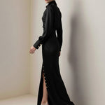 Split-Joint Heaps Collar Long Sleeves Pleated Blouses&Shirts Tops + Elasticated Waist Asymmetric Buttoned  Contrast Color Split-Side Zipper Skirts Bottoms Two Pieces Set