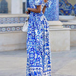 Enjoy The Adventure Printed Off Shoulder Puff Sleeve Maxi Dress