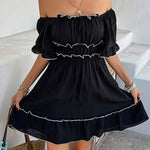 A-line High Waisted Elasticity Pleated Ruffle Trim Solid Color Square-neck Mini Dresses