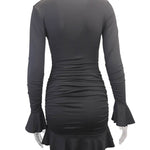 Bodycon Elasticated Waist Pleated Ruffled Solid Color Split-Joint V-Neck Midi Dresses