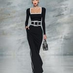 Women's Black And White Trim Square Neck Long Sleeve Tight Maxi Dress