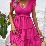 Loose Sleeveless Ruffle Trim Solid Color Split-Joint Deep V-Neck Mini Dresses