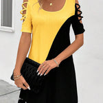 A-Line Loose Contrast Color Hollow Mesh Split-Joint Cold Shoulder Mini Dresses