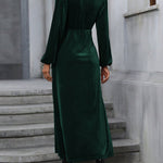 High Waisted Long Sleeves Solid Color Split-Side Tied Waist Velvet Deep V-Neck Maxi Dresses