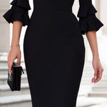 Black Cowl Neck Midi Dress With Double Ruffle Sleeves