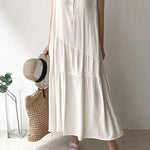 A-Line Loose Buttoned Pleated Ruffled Solid Color Split-Joint Tiered Stand Collar Midi Dresses
