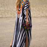 Batwing Sleeves Loose Printed Split-Side Striped V-Neck Beach Cover-Up Maxi Dresses