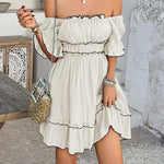 A-line High Waisted Elasticity Pleated Ruffle Trim Solid Color Square-neck Mini Dresses