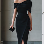 Black Asymmetric Off-Shoulder Midi Dress