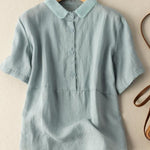 Women's Solid Color Cotton And Linen Lapel Short Sleeved Casual Blouse