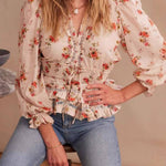 V-Neck Floral Print Waist-Cinched Ruffle Blouse