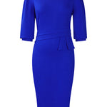 Bodycon Half Sleeves Pleated Solid Color Split-Back Split-Joint Zipper Round-Neck Midi Dresses