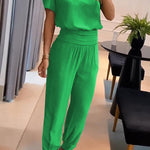 Jemma Puff Sleeve Top and High Waist Pocketed Cuffed Pants Set