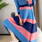 A-Line Loose Pleated Striped Round-Neck Midi Dresses