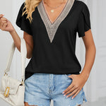 Zeagoo Zeagoo Women's Contrast Lace Trim V Neck Blouses Petal Short Sleeve Tunic Loose Casual Soft Shirts