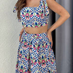 Fashion Print Lace Up Top + Skirt Women's Dress