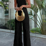 Charm and Charisma Texture Fabric Halter Neck Backless Tank and Elastic Waist Wide Leg Pants Suit
