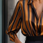Long Sleeves Loose Contrast Color Striped Lapel Blouses&Shirts Tops