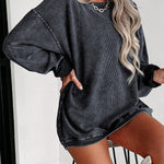 Solid Ribbed Round Neck Pullover Sweatshirt