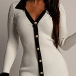 Bodycon High Waisted Buttoned Contrast Color Ruffled V-Neck Knit Dresses Mini Dresses