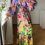 Bishop Sleeve High Waisted Flower Print Pleated Ruffled Split-Joint Deep V-Neck Maxi Dresses