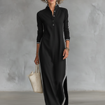 Women's Minimalist White-trimmed Button-down Collar Sweatshirt Dress Maxi Dress