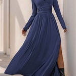 A-Line High Waisted Pleated Solid Color Split-Side V-Neck Maxi Dresses